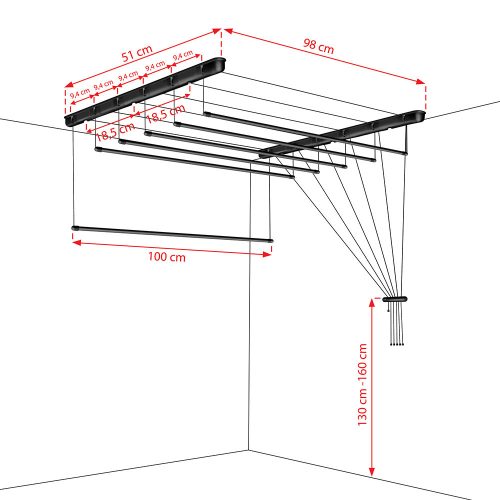 Fregoli, mennyezeti ruhaszárító 100 cm (fekete)