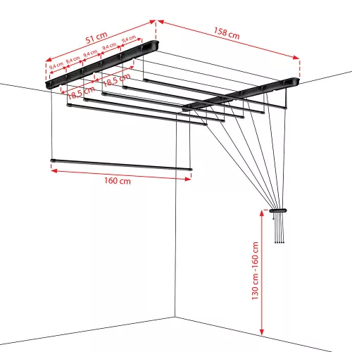 Fregoli, mennyezeti ruhaszárító 160 cm (fekete)